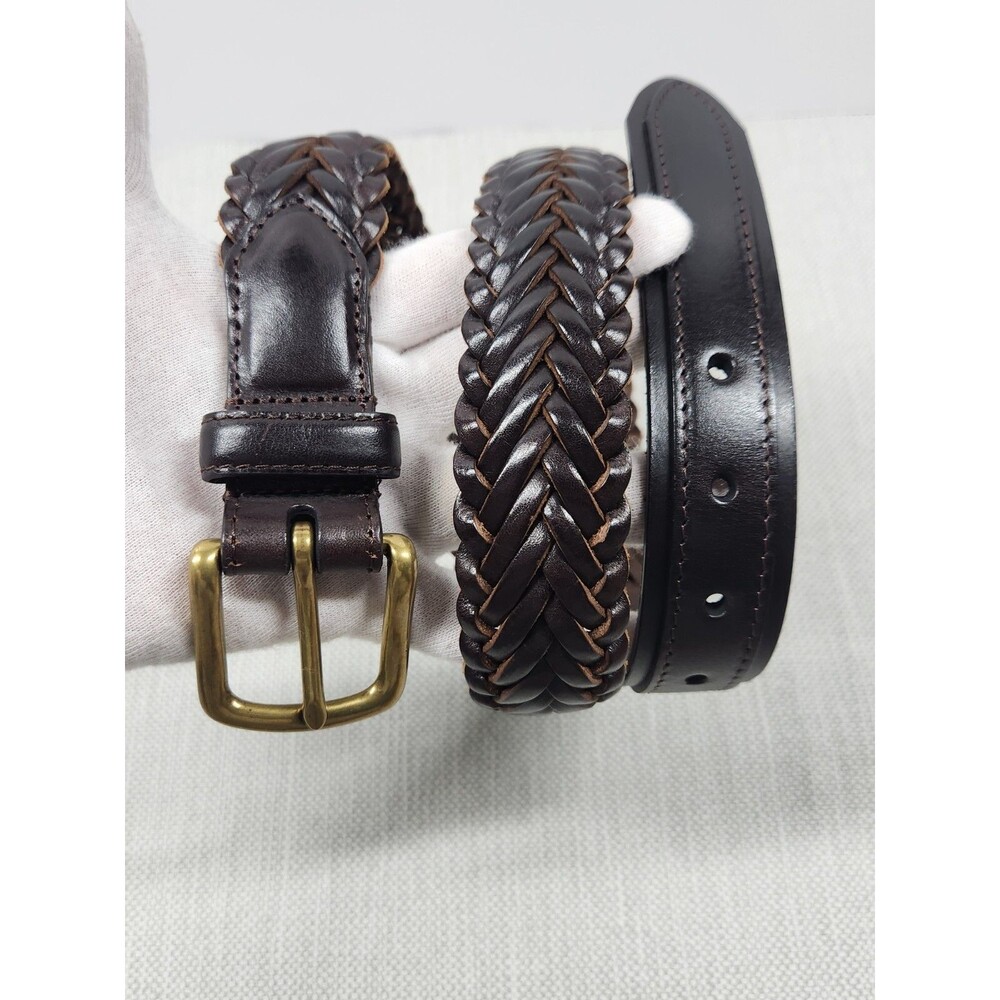 Duluth Trading Co Sz 36 Dark Brown Leather Belt Braided Woven Brass Buckle Flaw